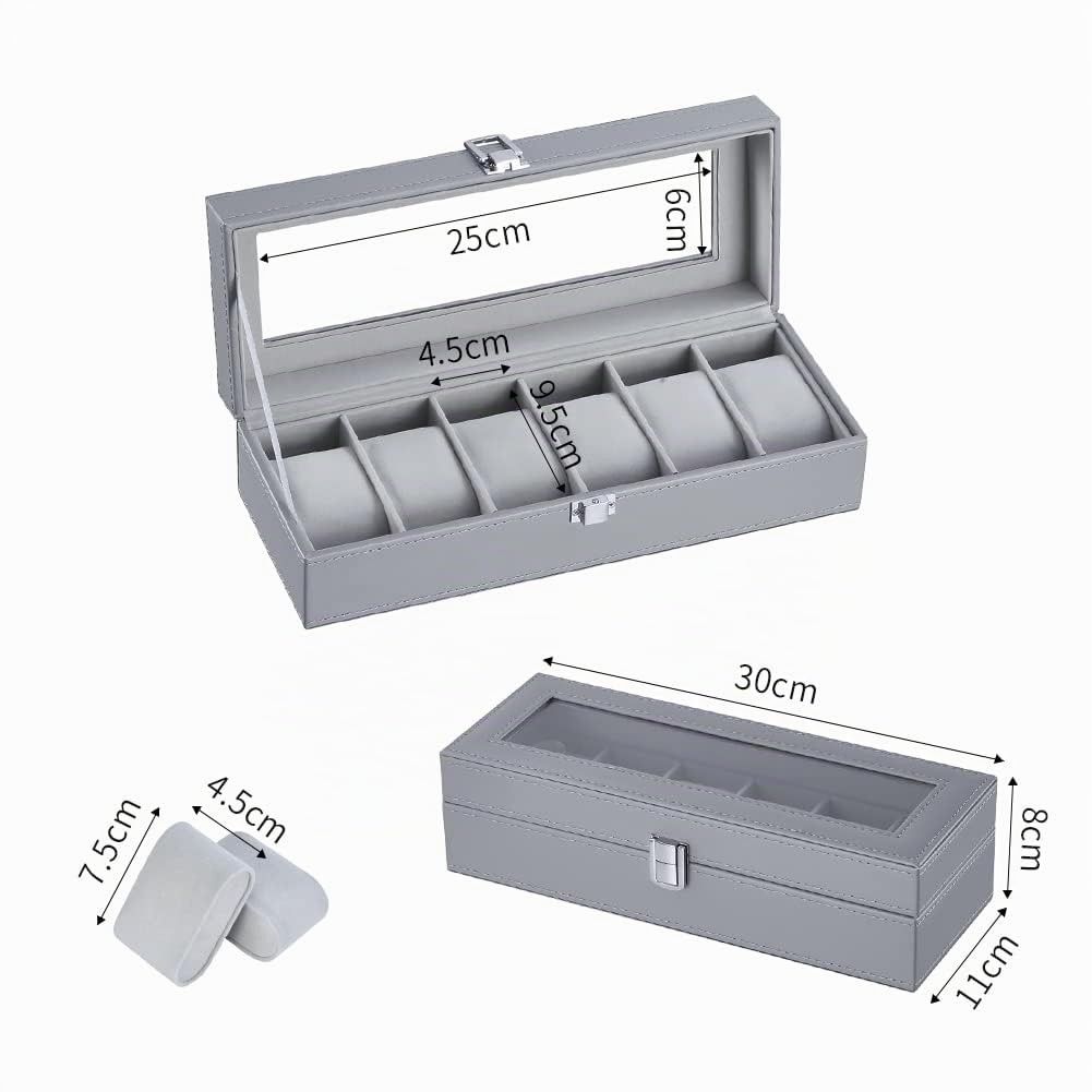 Scatola per orologi da uomo, per 6 orologi, con finestra in vetro, in pelle sintetica e velluto, per conservare orologi e gioielli (grigio 04G-DGW)