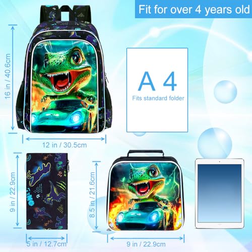 Image of 16 inch Dinosaur Backpack, Boys Kids Bookbag with Lunch Box, 3Pcs Dino Cars School Backpacks for Elementary Preschool Kindergarten (Black)
