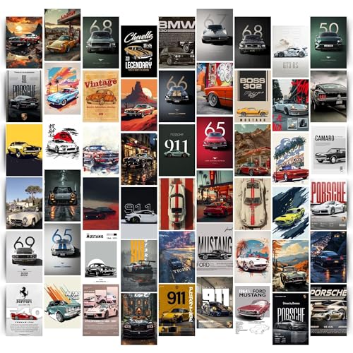 Image of Posters Inc 54 Pcs Vintage Super Cars Posters for Wall Art Collage Kit, Car Pictures and Photos for Room Decor Aesthetic, Small Mini Gaming Poster 300 GSM Matte Paper A6 Size 4x6 Inch with Glue Dots