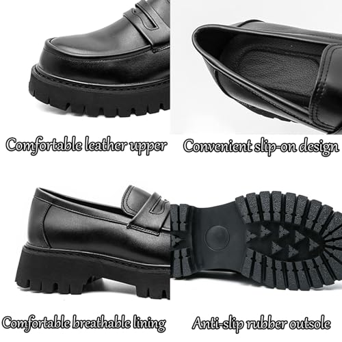 Men's Black Leather Platform Chunky Slip-On Penny Loafers Classic Round Toe Lug Sole Fashion Business Casual Formal Work Shoes3