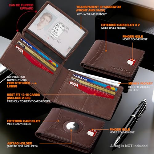 Image of Wallet for Men Slim RFID Blocking Bifold Carbon Fiber,Minimalist Small Compact Front Pocket Credit Card Holder,Thin Mens Leather Wallets Smart Security With 2 ID windows 1 Cash (Oil Wax Brown)