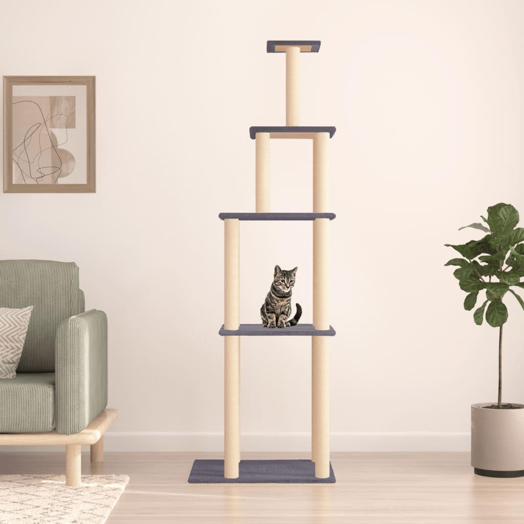 Kratzbaum 183 cm groß Katzenturm mit Sisal-Kratzsäulen Grau | Stabiler Katzenspielplatz fürs Wohnzimmer mit dicken Sisalsäulen zur Krallenpflege und weichen Liegeflächen.