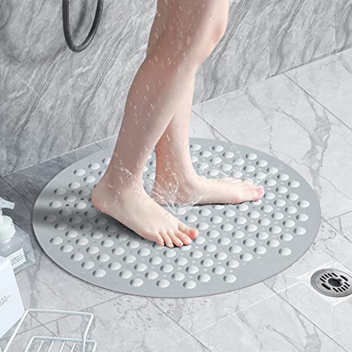Duschmatte 65×65cm rutschfest Duscheinlage, Dusche Antirutschmatte BPA frei, Badematte Antibakteriell Schimmelresistent mit Saugnäpfen, TPE-Material, Weich Komfort, Für Hautsensitiv (Rund, Grau) Cover