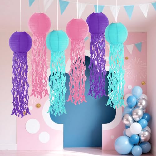 Image of Set of 6 Hanging Jellyfish Paper Lanterns Blue Jellyfish Decor for The Sea Ocean Party, Mermaid Birthday Decoration, Baby Shower, Nautical Events(Multi-Color)