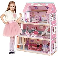 ROBUD Wooden Doll House Girls Toys, 18 High Dollhouse With Elevator & Furniture, 3-Story 15 Pieces Accessories Toy House for Kids Age 3+, Dolls House Gift for 3-4-5-6 Year Old Girls