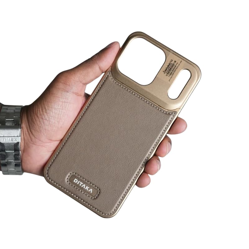 Image of Business Leather Phone Case Compatible with iPhone 17 Pro with Mag Charging | Aluminum Alloy Eco-Friendly Cloth Aroma Therapy Phone Case - Gold