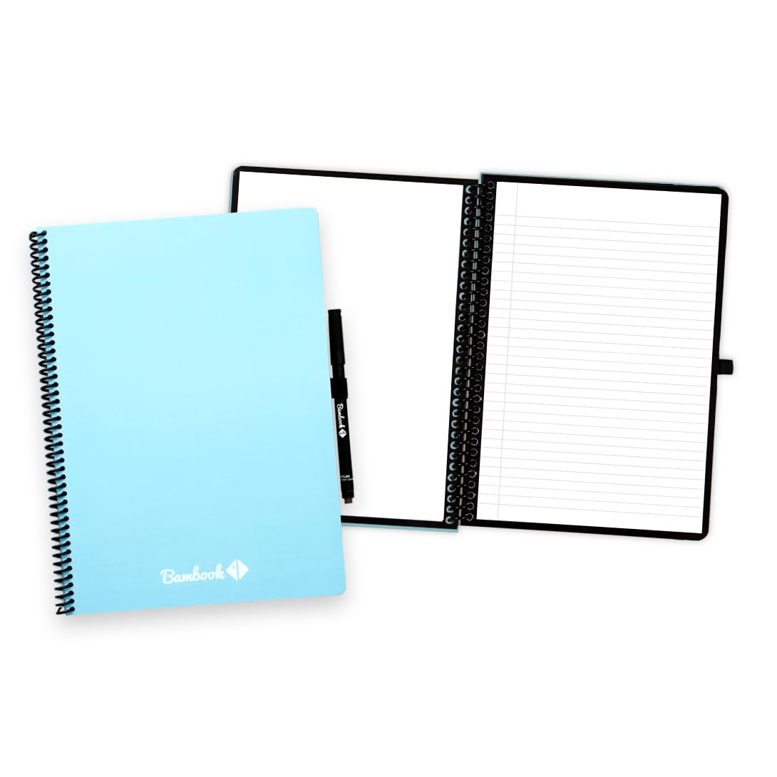 BAMBOOK Colourful Reusable Notebook - Blue - A4 - Blank - Reusable Notebook, Rewritable Notebook, Dry Erase Board Notebook, Whiteboard Notebook, Erasable Notebook - Includes Free Pen App