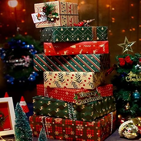 Christmas Wrapping Paper Set, 10 Pack 70x50cm Kraft Sheets with 10 Tags and 2 Rolls 5m Twine String Cover