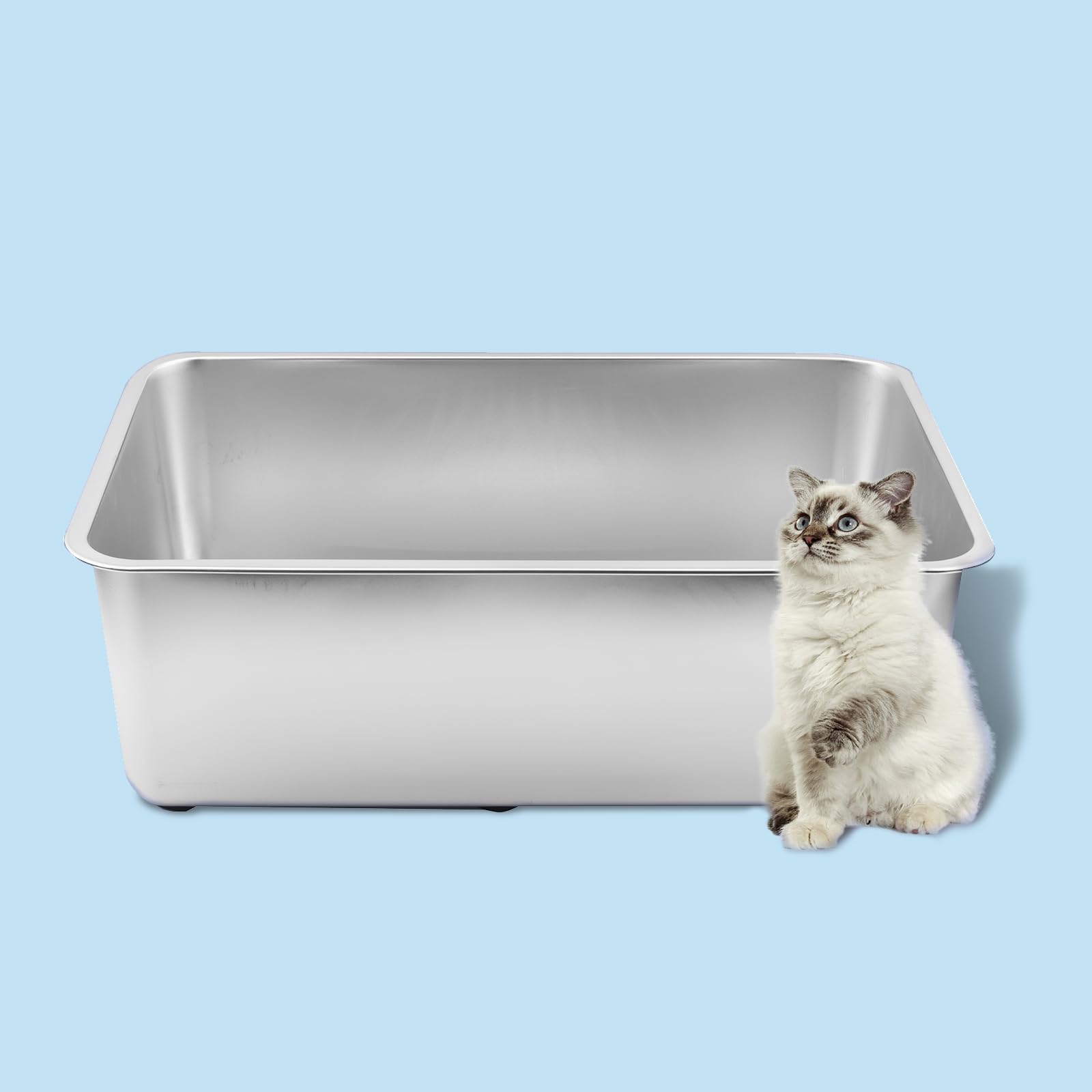 MEEXPAWS Stainless Steel Litter Box High Side L23.6 x W15.8 x H7.9 inch with Sticky Board for Cats | Non Stick | Odor Control | Pee Shields Splash Guard Enclosure| Easy Clean