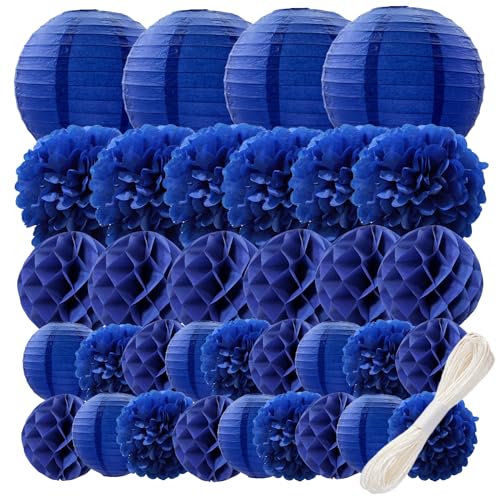 WOLHOWLTD Navy Blue Paper Decoration Set - 34 Pcs Paper Lanterns, Pompoms, Honeycomb for Wedding,Ocean Theme, EID Mubarak,School Day,Baby Shower, Birthday Party Classroom,Home Decoration (Navy Blue) by WOLHOWLTD - Used condition - US$23.53