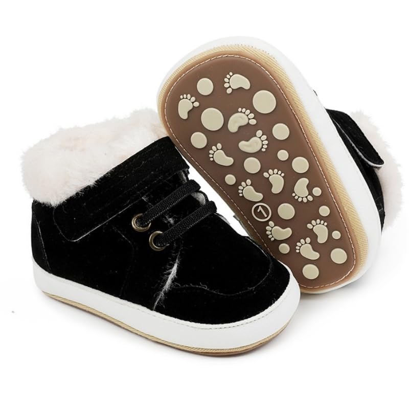 Handmade Velvet Winter Warm Baby Boys Girls Leather Sneakers Soft Rubber Sole Infant Moccasins Newborn Oxford Loafers Anti-Slip Toddler Wedding Uniform Dress Shoes (black, Infant, 6 Months, Age Range, US Footwear Size System, 12 Months, Medium)