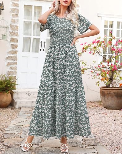 Image of Kranda Women 2025 Summer Fall Crewneck Short Sleeve Smocked Floral Maxi Dress