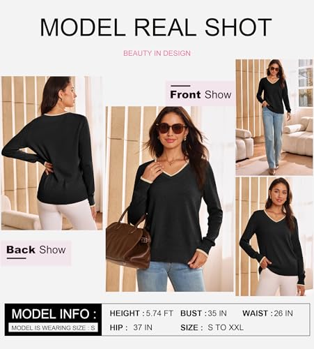 Image of Dokotoo Womens Sweaters Dressy Casual V Neck Lightweight Wool Tops | Long Sleeve，Fall Clothes，Ribbed Hem，Warm，comfort， Casual Knit Pullover