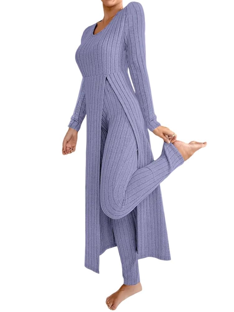 Generisch Combinaison 2 pièces pour femme - Combinaison en tricot à manches longues - Haut et leggings côtelés - Ensemble 2 pièces - Tenue d'été 2 pièces - Pour femme