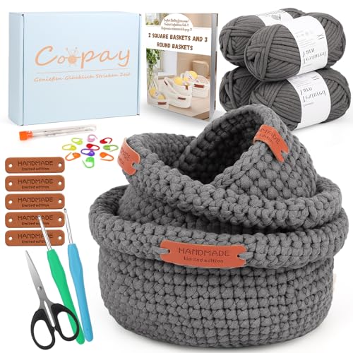 Coopay Häkelset für Anfänger - Rund Körbe mit Häkelanleitung, DIY-Set...