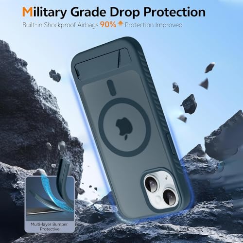 Image of KARWAN️Ultra Hybrid Matte Back Cover Case Compatible with Stand Magnetic for iPhone 14 /13 | Mag-Safe Wireless Charging | Camera Bump Protection -(Blue)
