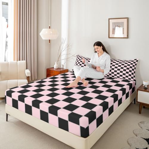 Image of Erosebridal Plaid Bed Sheets Queen Pink Black Checkerboard Sheet Set Geometric Checkered Bedding Set for Kids Boys Girls,Aesthetic Grids Fitted Flat Sheets 4 Piece