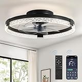 LEDIARY Flush Mount Ceiling Fan with Lights and Remote, 19.7'' Low Profile, 3000-6000K Dimmable Fandelier, 6 Wind Speeds, Black Modern LED Fan Light for Bedroom