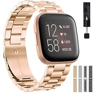 Liwin Metal Band Compatible with Fitbit Versa 2 / Versa/Versa Lite (Not for Versa 3 / Sense), Bands for Men Women, Replacement Stainless Steel Bracelet Wrist Bands Strap Accessory, Rose Gold