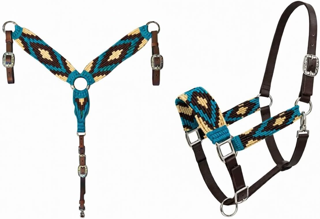 Cheval’s Nylon Mohair Wool Horse Halter & Western Mohair Breast Collar Set – Handmade Adjustable Durable & Comfortable Equestrian Tack for Training, Trail Riding -Black Cream, Cob