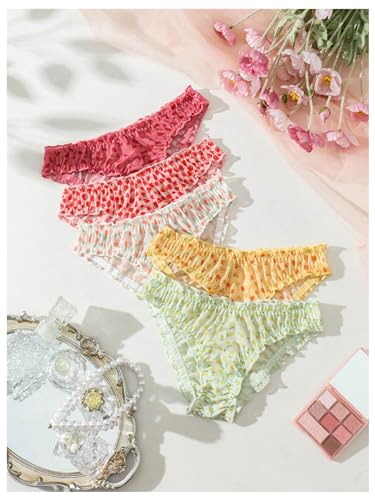 Image of GORGLITTER Women's 5pack Cute Panties Floral Print Low Rise Frilly Panties | Low Waist Underwear Set, Bow Lettuce Trim, Coquette Clothes