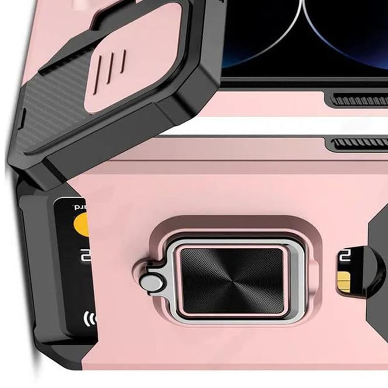 Image of LuxuryKase Shockproof Armor Case for iPhone 15 Pro Max | Slide Camera Cover | Hidden Card Slot | Rotating Ring Kickstand | Magnetic Car Mount Support | Military Grade Protection - Rose Gold