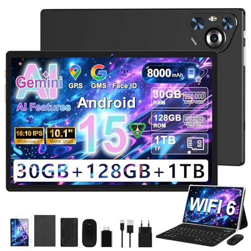 2025 Tablette Android 15 10' Écran IPS HD | 30Go RAM 128Go + TF 1To | Octo-Core 8000mAh | Wi-Fi 6 | Widevine L1 | Caméra 8MP+5MP | Châssis en métal | Tablet tactile avec Clavier et Souris | Noir