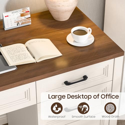 Vabches Farmhouse Executive Desk with Storage and Ample File Drawer, Rustic Large Home Writing Desk for Bedroom, White - Thumbnail 7