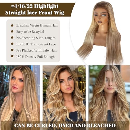 Image of Belaved Highlight Lace Front Wig Human Hair No Shedding Salon-QualityHD Frontal Real Human Hair Pre Plucked Glueless 180% Density Balayage 13x6 Straight Wigs for Women 20 Inch