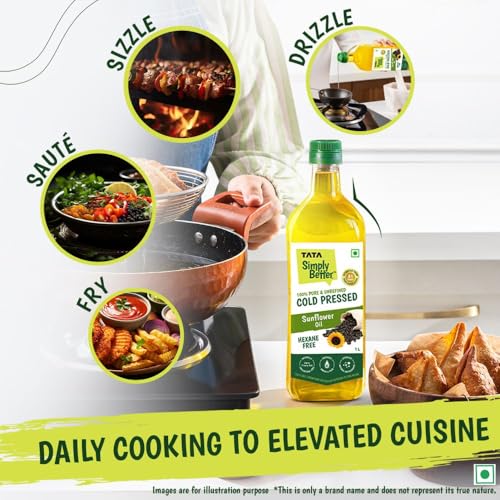 Image of Tata Simply Better Pure & Unrefined Cold Pressed Sunflower Oil, Hexane Free, Kolhu /Chekku, Cholesterol Free, Provides 6 Omega 6 PUFA, Contains Natural Antioxidants, For All types of Cuisines, 1L
