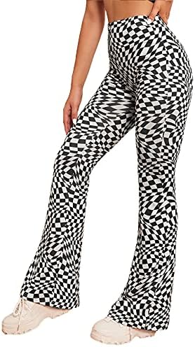 WDIRARA Women's High Waist Casual Flare Bell Bottom Stretch Snakeskin Long Pants Black White Checked S