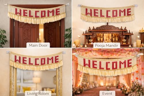 Image of Welcome Pearl Letter Door Toran | 3 Ft Decorative Bandhanwar with Tassels for Main Door, Mandir & Wedding Decor | Festive Home Entrance Hanging