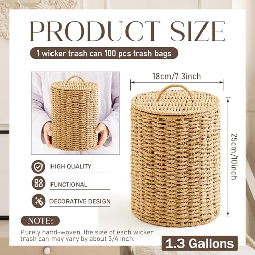 Image of Ctosree 1.3 Gallons Small Trash Can with Lid Handle Boho Woven Braided Bathroom Waste Basket Trash Can with 100 Garbage Bags for Bedroom Office Laundry(Braided Paper Rope, Primary Color)