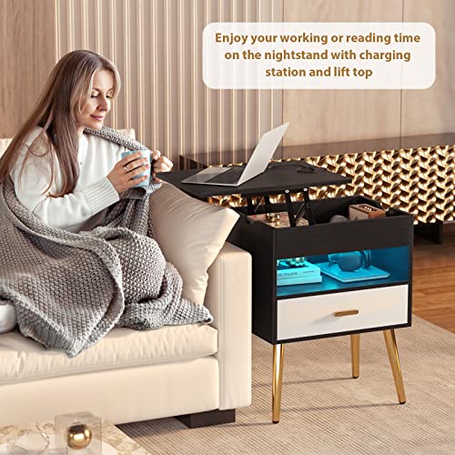 Cyclysio 35 Inches Nightstand With Reversible Lift Top, Large Night Stand With Led Lights, Tall Bedside Table With Charging Station, High End Side Table For Bedroom, Sofa Side, Living Room, Black #TOP5