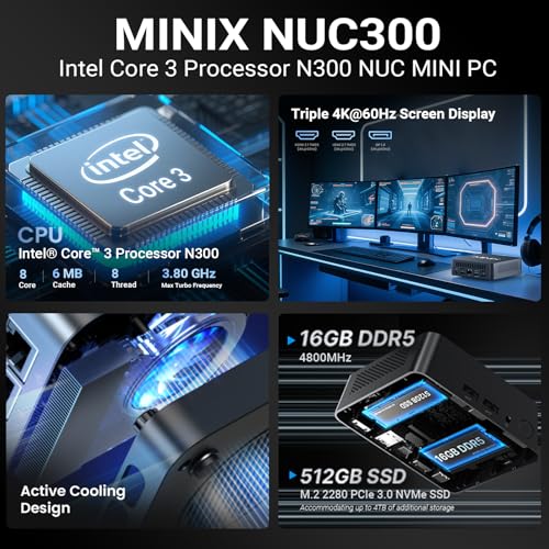 Image of MINIX Mini PC N300, Intel Core 3 Processor N300 (8-Core, up to 3.8GHz), 16GB DDR5 RAM, 512GB PCIe SSD, Triple 4K Display Support, WiFi 6, Bluetooth 5.2, 2.5G LAN, Windows 11 Pro