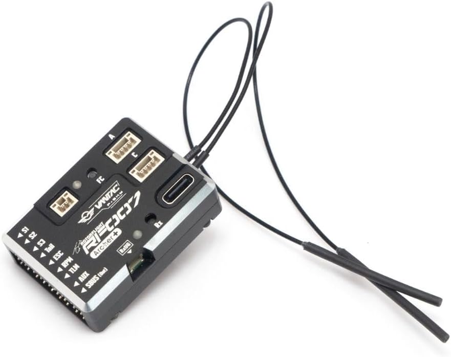 En angle view of the FrSky VANTAC RF007 Flybarless System, showing the integrated antennas and USB-C port.