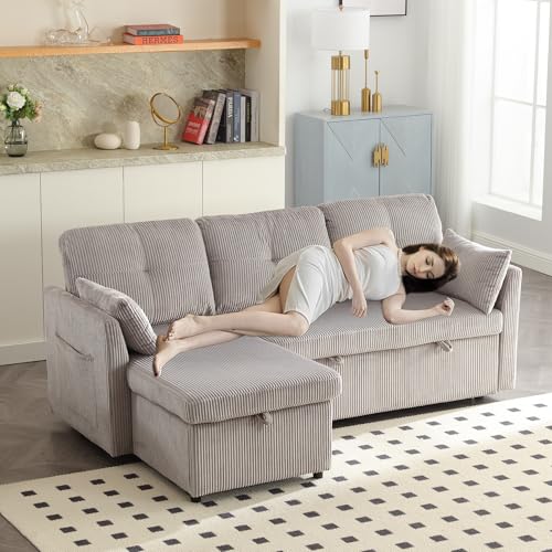 Sofá esquinero moderno en forma de L, con cama nido y espacio de almacenamiento, sofá modular con sillones reclinables intercambiables, sofá cama multifuncional, terciopelo, gris claro