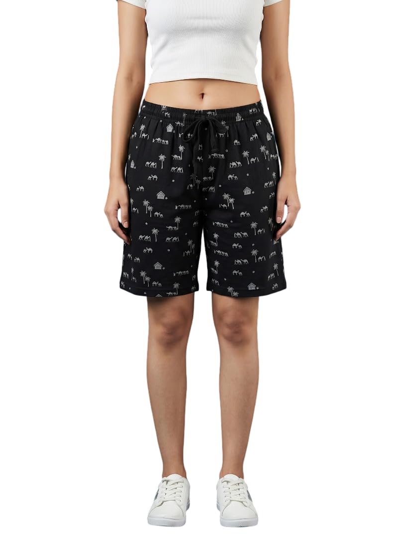 L N Creation Women Black Printed Cotton Shorts | Elastic Waistband with Drawstring | Comfortable Casual & Loungewear Shorts-picture-16