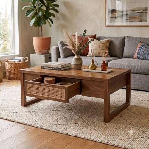 Image of Solid Sheesham Wood Coffee Table & Center Table for Living Room with Rattan Cane Lift-Down Shutter & Open Shelf, Solid Wooden Teapoy for Sofa with Storage Tea Table (E-Honey)