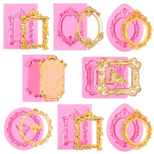 8 Pcs Picture Frames Silicone Molds Vintage Photo Frame Fondant Mold for Cake Decorating Cupcake Topper Chocolate Candy Polymer Clay Baking Desserts