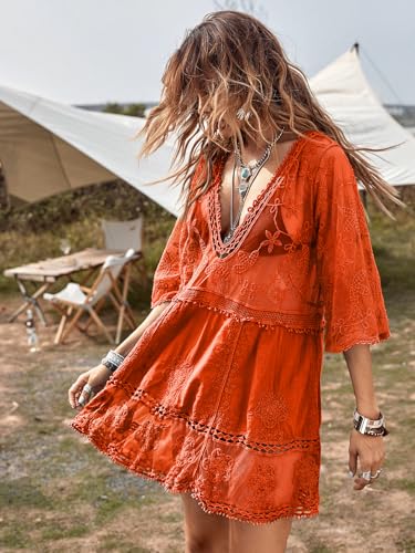 Image of Eomenie Women's Contrast Lace Bathing Suit Cover Up V-Neck Swimsuit Coverups Loose Swimwear Beach Dress Beachwear