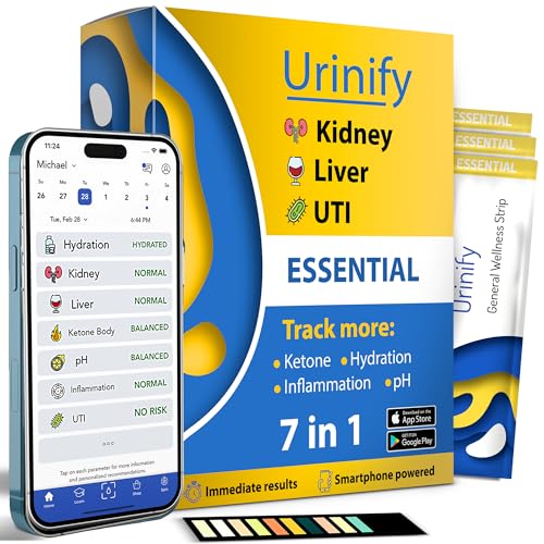 Urinify Mobile App Urine Test Strips -Trusted at Home Kidney and Liver Test Kit, Urinary Protein, UTI Test, Hydration, Ketone Body, pH, Urinalysis- Essential Kit (3 Strips)