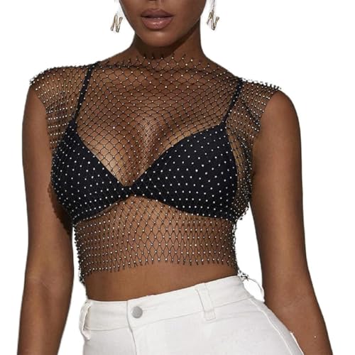 BLPRKOT Camiseta Rejilla Mujer, Top Mujer Fiesta, Rhinestone brillante malla cuerpo cadena tops para mujeres brillante bikini crop top para discoteca fiesta festival