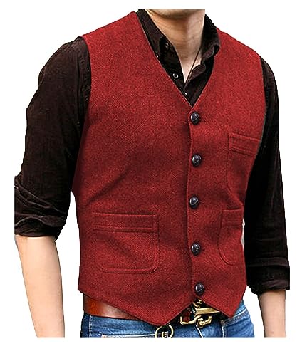 Image of SOLOVEDRESS Mens Vintage Tweed Suit Vest V Neck Casual Wool Waistcoat for Wedding Groomsmen