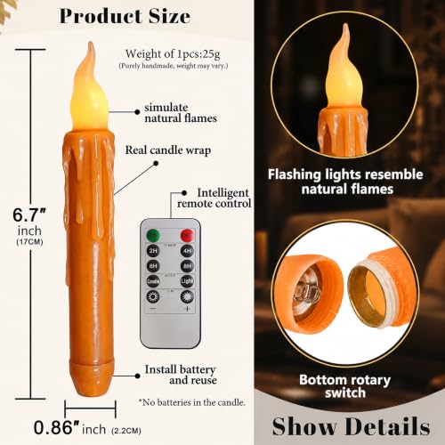 Image of Real Wax LED Flameless Fall Short Taper Candles with Remote, 6.7 Inches Orange Candlesticks, Dripless Battery Operated Flame Rustic Primitive Flameless Lights Fall Decor, Pack of 2
