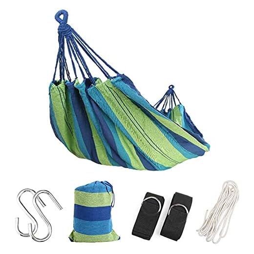 Brazilian Double Hammock Extra Long and Wide with Tree Straps Rope 475 lbs, Soft Woven Cotton 2 Person Hammock for Indoor Outdoor Travel Beach Backyard Porch with Carrying Pouch, Blue Green Stripes