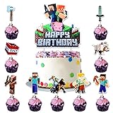 19 Pcs MC Birthday Cake Toppers and Cupcake Toppers for Boys Girls - Theme Party Decorations Supplies