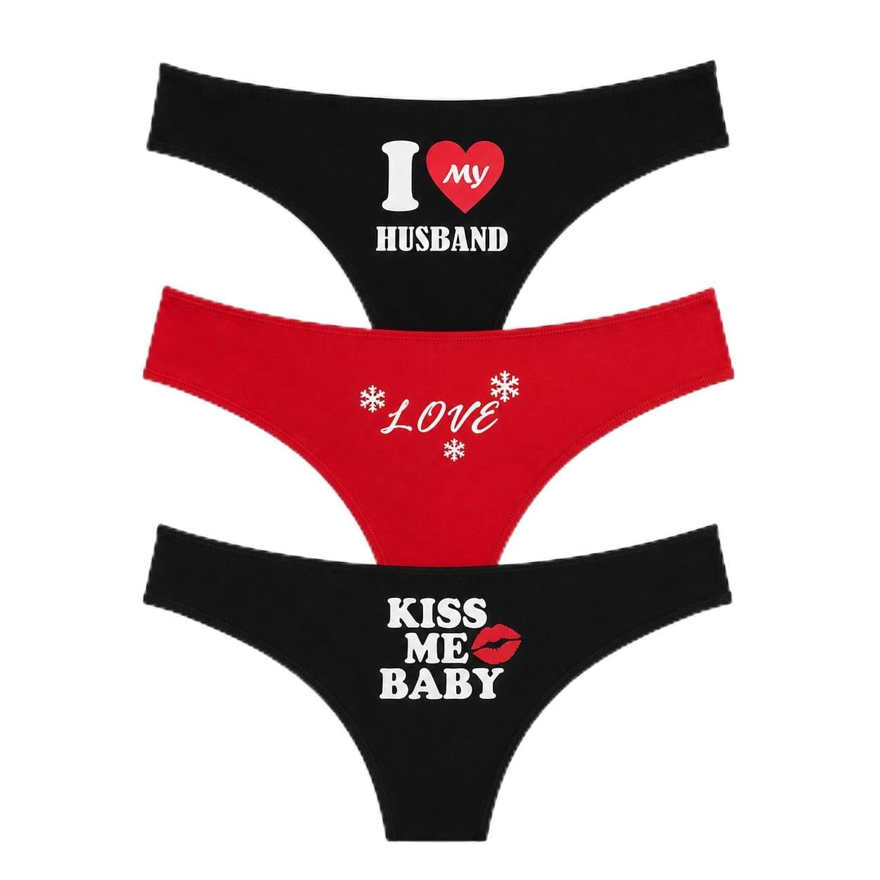Women's Graphic Print Thong Panties, 3-Pack, Black and Red-picture-41