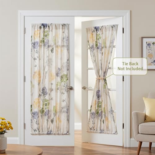 Image of MYSKY HOME Floral Linen French Door Curtains 72 inch Long 2 Panels for Front Door Light Filtering Privacy Semi Sheer Window Curtains with Rod Pocket, Sage Green, 24 inch W Each Panel