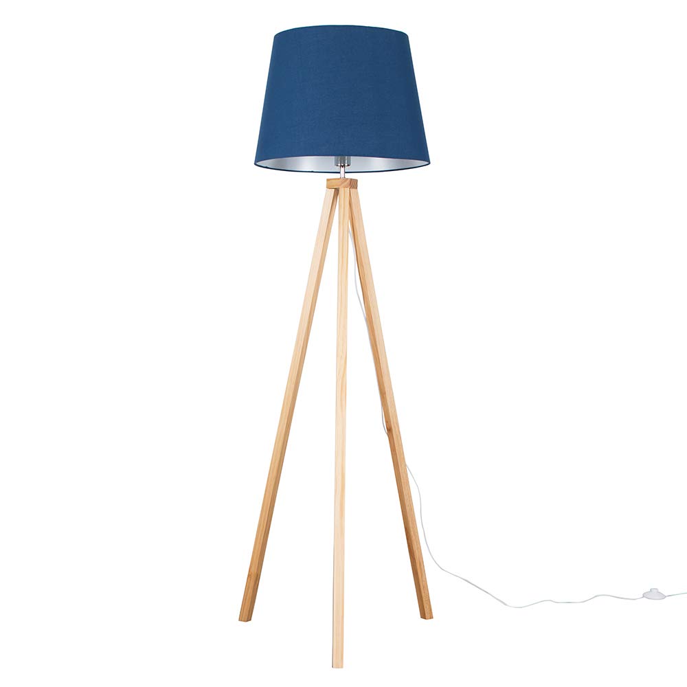 MiniSun | Modern Light Wood Tripod Design Floor Lamp with a Navy Tapered Shade | Floor Lamps & Torchieres, Home Décor & Improvement Essential | Includes Bulb [3000K Warm White]